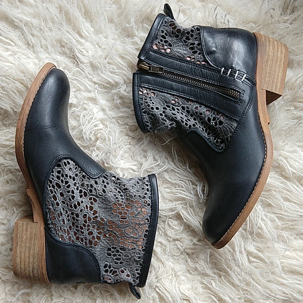 Musse & Cloud Ainhoa Anthropologie Leather Crochet Ankle Boots Black EU 39 US 8